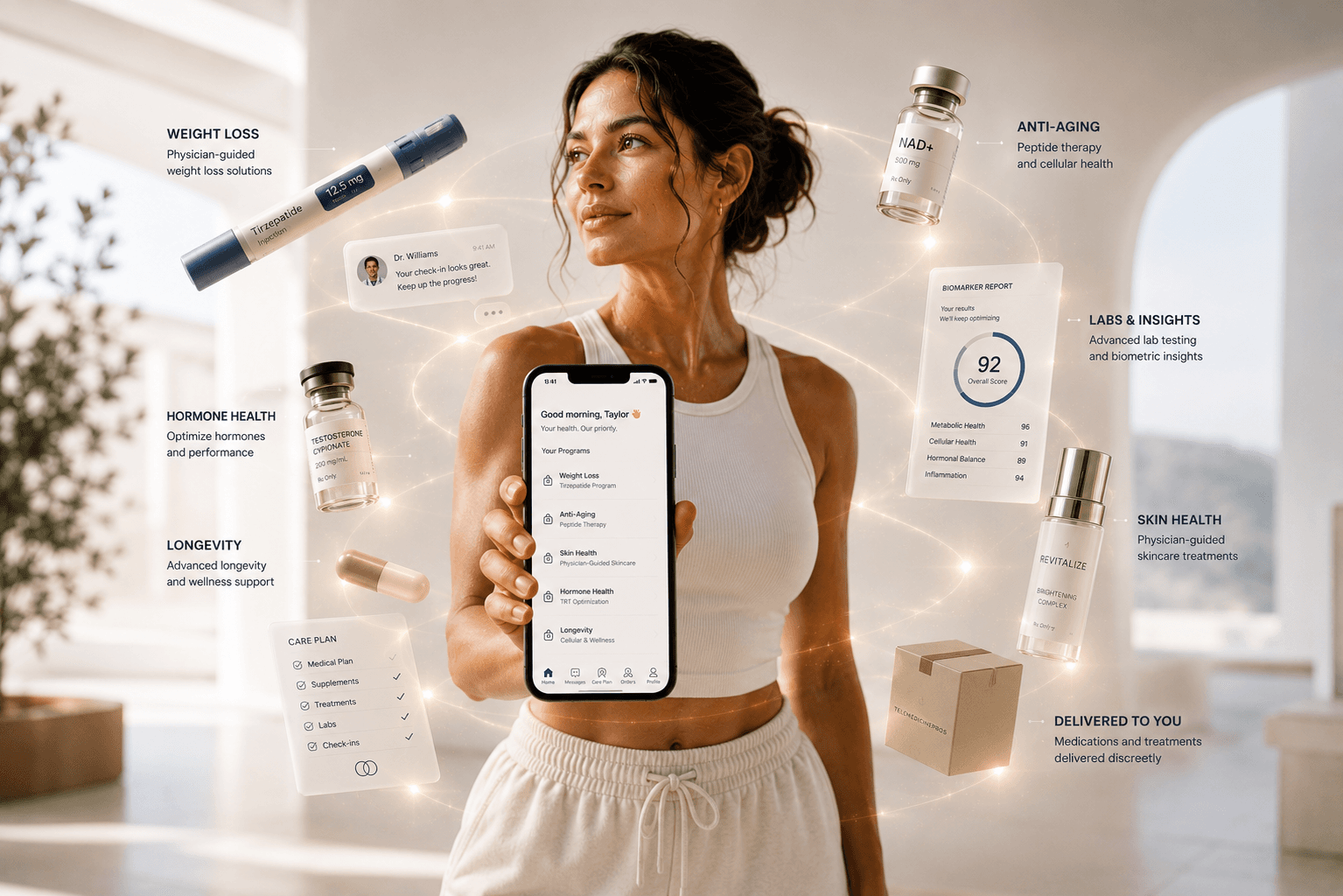 TelemedicinePros care ecosystem showing weight loss, anti-aging, hormone health, skin health, labs, and member app experiences.